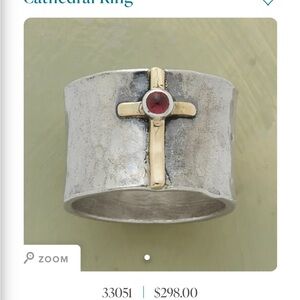 Gorgeous hand hammered sterling silver ring with a 14K gold cross & garnet stone